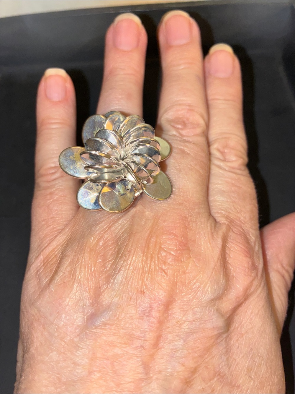 Silver Floral Statement Stretch Ring - Sculpted Silver Flower